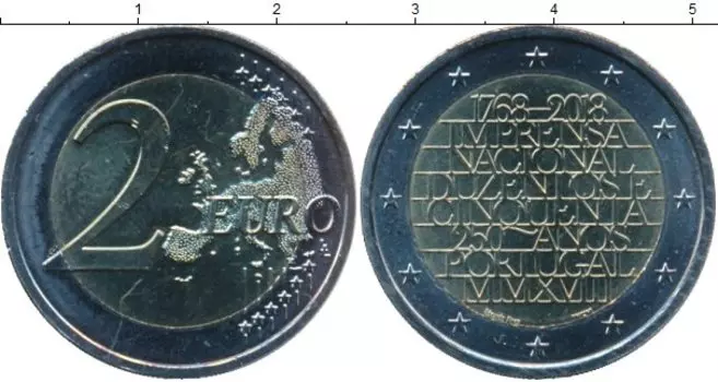 Монета 2 евро Португалии 2018 года Биметалл 250-летие Типографии Imprensa Nacional