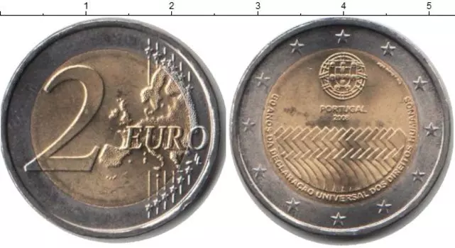 Монета 2 евро Португалии 2008 года Биметалл 60 лет Декларации прав человека