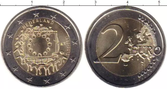 Монета 2 евро Нидерланд 2015 года Биметалл 30 лет флагу