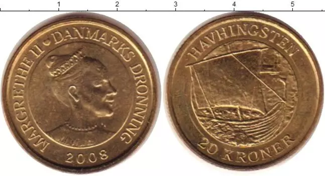 Монета 20 крон Дании 2008 года Латунь Маргрете II