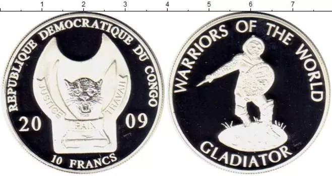 Монета 10 франков Конго 2009 года Посеребрение Воины мира, Гладиатор