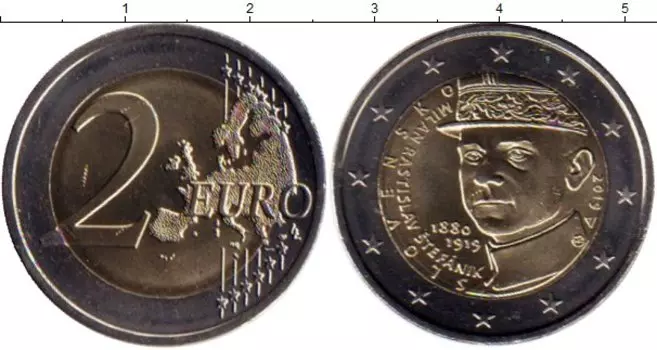 Монета 2 евро Словакии 2019 года Биметалл 100 лет со дня смерти Милана Ростислава Штефаника