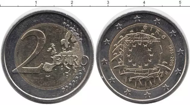 Монета 2 евро Ирландии 2015 года Биметалл 30 лет флагу
