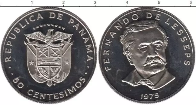 Монета 50 сентесим Панамы 1975 года Медно-никель Фернандо де Лессепс