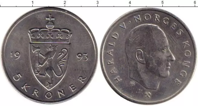 Монета 5 крон Норвегии 1993 года Медно-никель Харольд V, Редкий год !