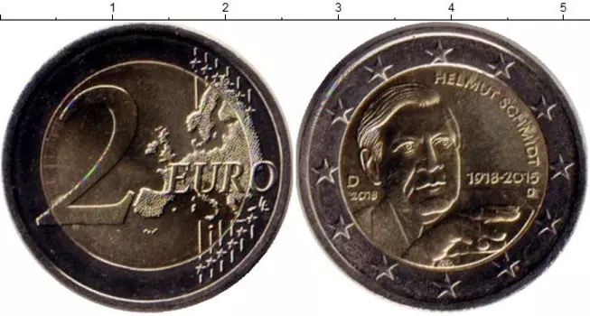 Монета 2 евро Германии 2018 года Биметалл Гельмут Шмидт (D)
