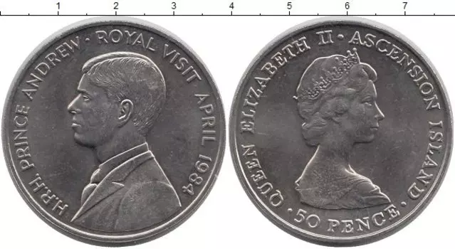 Монета 50 пенсов Острова Вознесения 1984 года Медно-никель Принц Эндрю