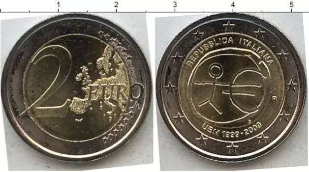 Монета 2 евро Италии 2009 года Биметалл 10 лет единой европейской валюты
