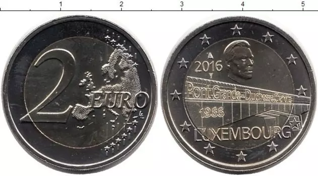 Монета 2 евро Люксембурга 2016 года Биметалл 50-летие моста великой герцогини Шарлотты