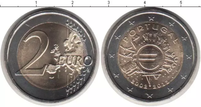 Монета 2 евро Португалии 2012 года Биметалл 10 лет наличному обращению евро