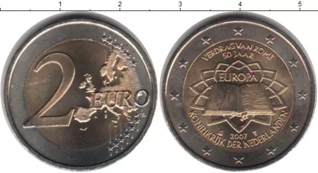 Монета 2 евро Нидерланд 2007 года Биметалл 50-летие подписания Римского договора