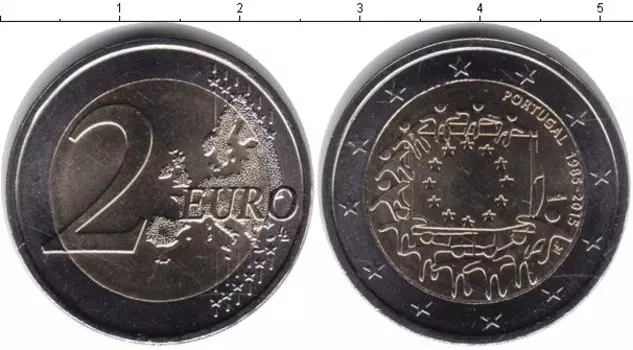 Монета 2 евро Португалии 2015 года Биметалл 30 лет флагу