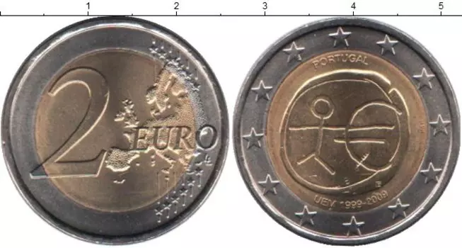 Монета 2 евро Португалии 2009 года Биметалл 10-летие Экономического и валютного союза