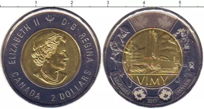 Монета 2 доллара Канады 2017 года Биметалл Первая Мировая Война