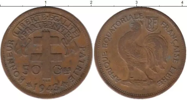 Монета 50 сентим Экваториальной Африканской территории 1943 года Бронза Французская колония
