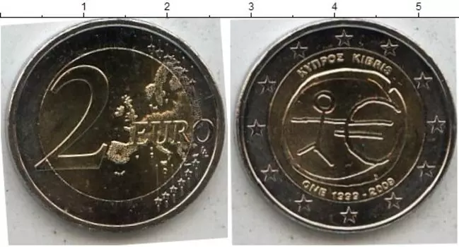 Монета 2 евро Кипра 2009 года Биметалл 10 лет единой европейской валюты