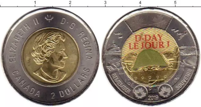 Монета 2 доллара Канады 2019 года Биметалл 75 годовщина высадки в Нормандии, или операция «Нептун» 1944 года