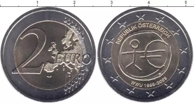 Монета 2 евро Австрии 2009 года Биметалл 10 лет европейскому экономическому сообществу