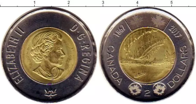 Монета 2 доллара Канады 2017 года Биметалл Северное сияние