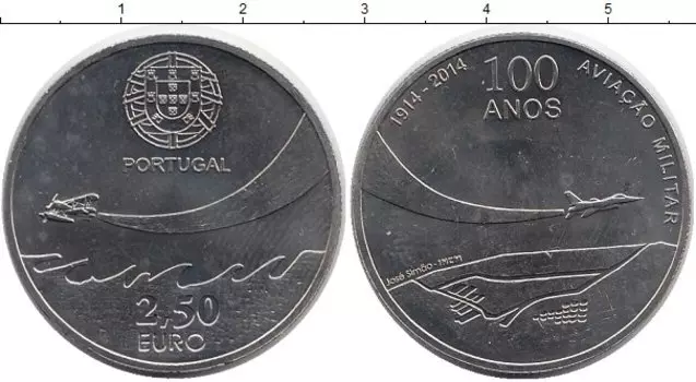 Монета 2 1/2 евро Португалии 2014 года Медно-никель 100 лет военной авиации