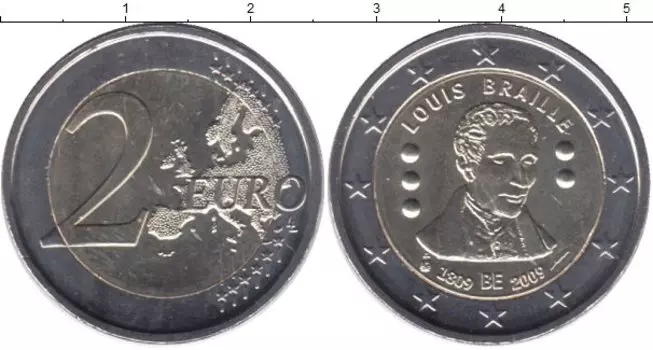 Монета 2 евро Бельгии 2009 года Биметалл 200 лет с рождения Луи Брайля