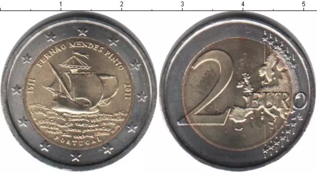 Монета 2 евро Португалии 2011 года Биметалл 500 лет со дня рождения Фернана Мендеса Пинто