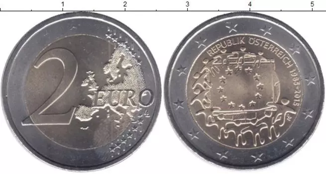 Монета 2 евро Австрии 2015 года Биметалл Флаг ЕС