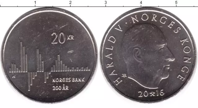 Монета 20 крон Норвегии 2016 года Латунь 200 - летие Банка Норвегии