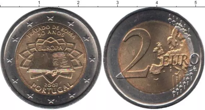 Монета 2 евро Португалии 2007 года Биметалл 50-летие подписания Римского договора