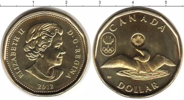 Монета доллар Канады 2012 года Латунь Елизавета II