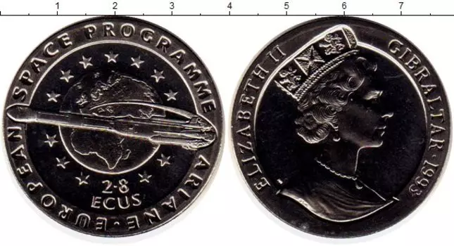 Монета 2,8 экю Гибралтара 1993 года Медно-никель Космическая программа, ракета ариан