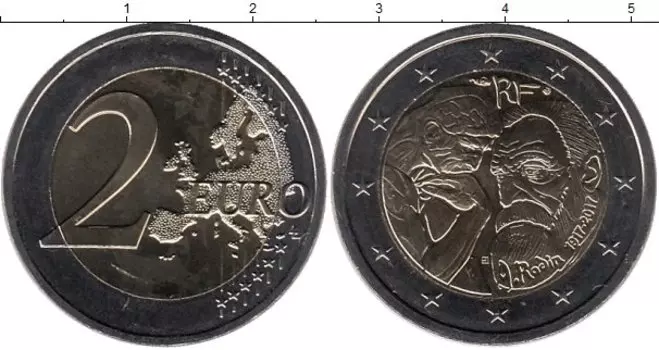 Монета 2 евро Франции 2017 года Биметалл 100 лет со дня смерти Огюста Родена