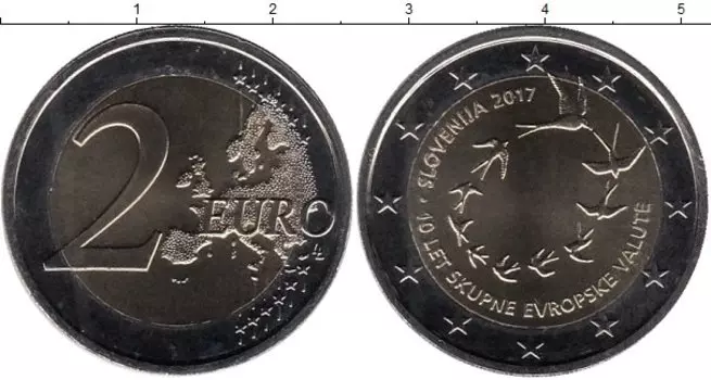 Монета 2 евро Словении 2017 года Биметалл 10-я годовщина евро в Словении