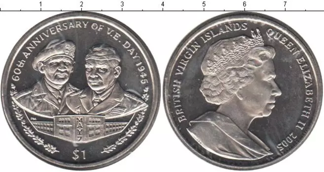Монета доллар Виргинских островов 2005 года Медно-никель 60-летие победы над Германией