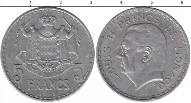 Монета 5 франков Монако 1945 года Алюминий Князь Луи II