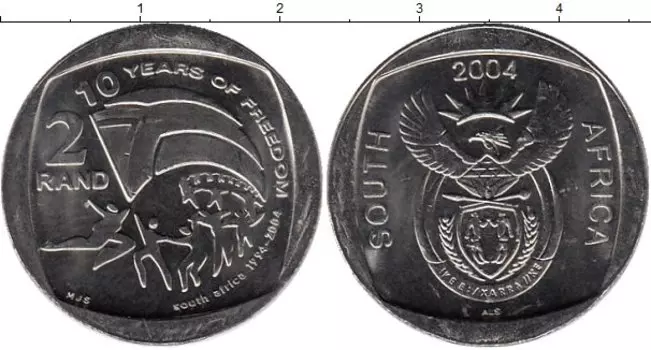 Монета 2 ранда Южно Африканской Республики 2004 года Медно-никель 10 лет независимости