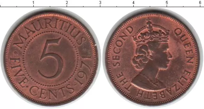 Монета 5 центов Маврикия 1971 года Медь Елизавета II