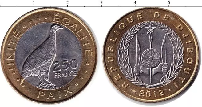 Монета 250 франков Джибути 2012 года Биметалл