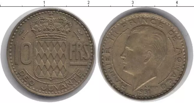 Монета 10 франков Монако 1951 года Бронза Райнер III