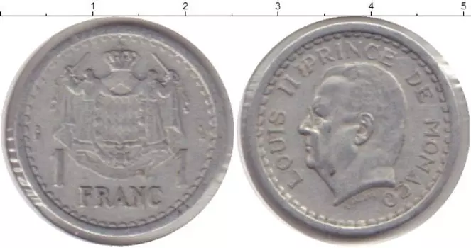 Монета франк Монако 1943 года Алюминий Князь Луи II