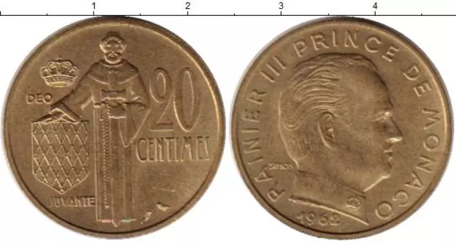 Монета 20 сентим Монако 1962 года Латунь Рейнер III