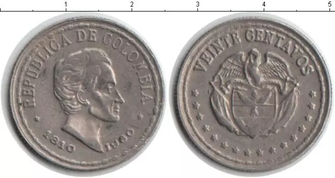 Монета 20 сентаво Колумбии 1960 года Медно-никель Симон Боливар