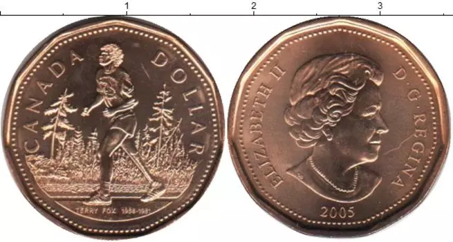 Монета доллар Канады 2005 года Латунь Терри Фокс