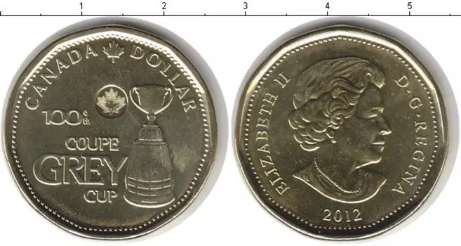 Монета доллар Канады 2012 года Латунь Елизавета II 100th coupe grey cup - фестиваль Торонто 2012г