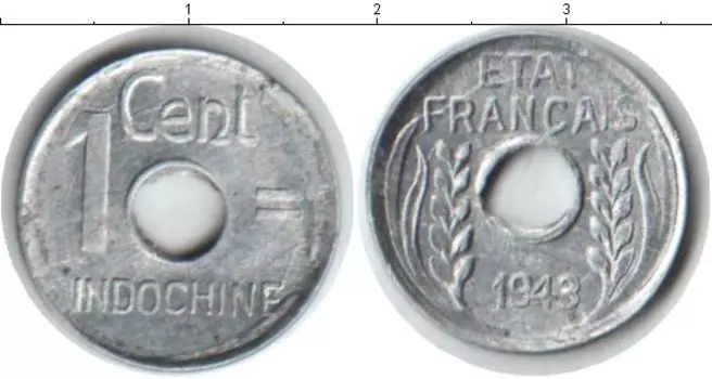 Монета цент Индокитая 1943 года Алюминий Французский протекторат