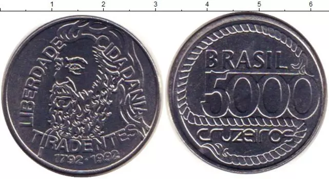 Монета 5000 крузейро Бразилии 1992 года Медно-никель 200 лет со дня смерти Тирадентиса