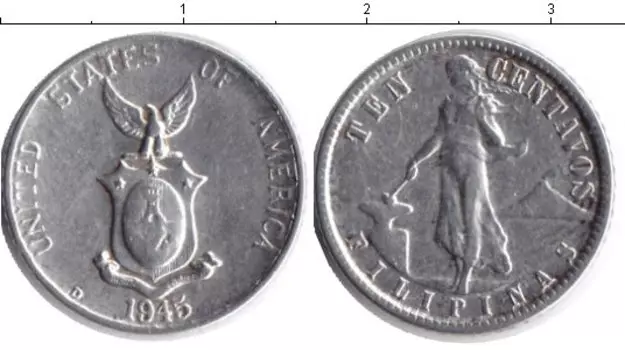 Монета 10 сентаво Филиппин 1945 года Серебро D