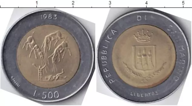 Монета 500 лир Сан-Марино 1983 года Биметалл Техническая революция