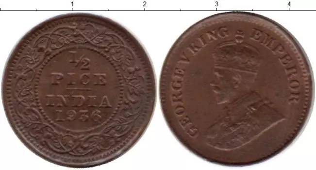 Монета 1/2 пайса Индии 1936 года Бронза Георг V
