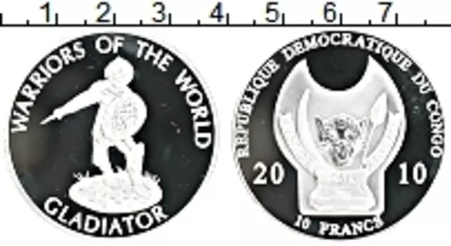 Монета 10 франков Конго 2010 года Посеребрение Гладиатор